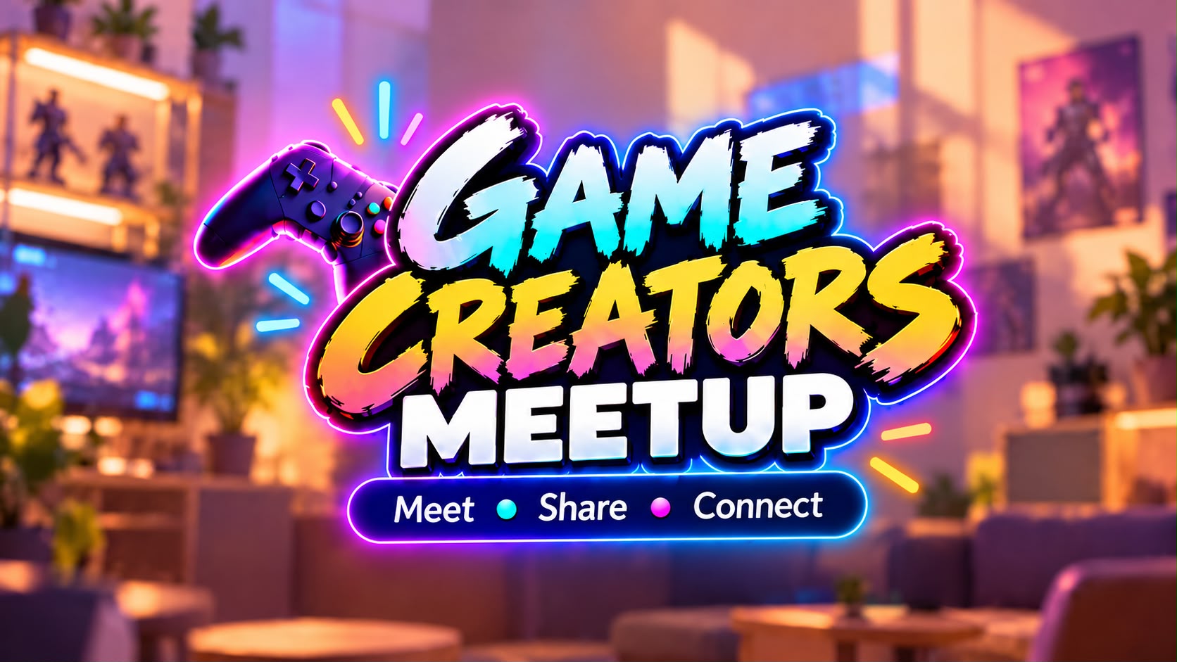 Game Creators Meetup banner — a game controller and bold lettering over a cozy lounge, inviting creators to meet, share and connect